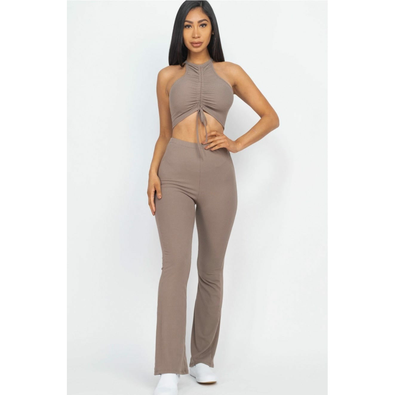 CAPELLA APPAREL Ribbed Ruched Front Crop Top&Bootcut Set