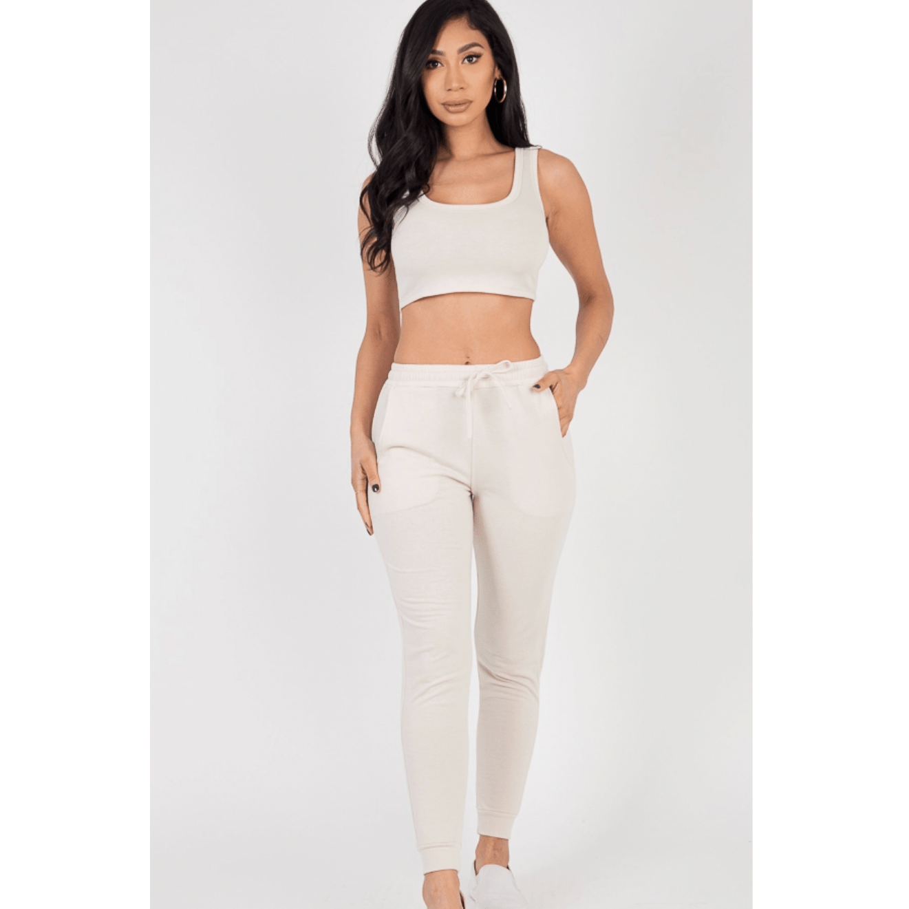 CAPELLA APPAREL S / Beige French Terry Cropped Tank Top & Joggers Set