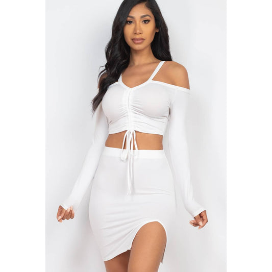 CAPELLA APPAREL Clothing Ruched Drawstring Off Shoulder & Side Slit Mini Skirt Set
