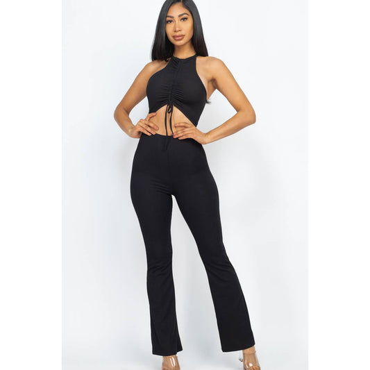 CAPELLA APPAREL Ribbed Ruched Front Crop Top&Bootcut Set